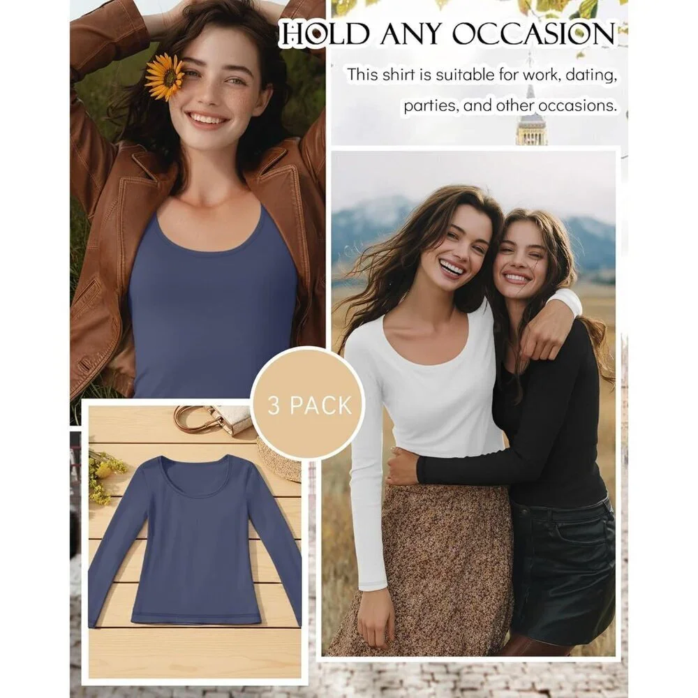 Women's Long Sleeve Shirts 3 Pack Cotton Polyester Spandex Slim Fit Casual Top